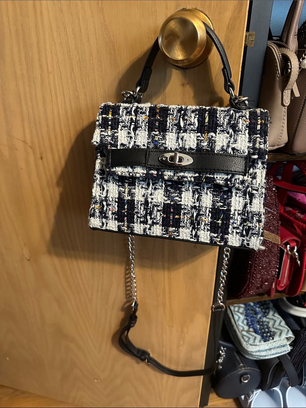 Tweed Top-Handle Crossbody Bag in Navy & White